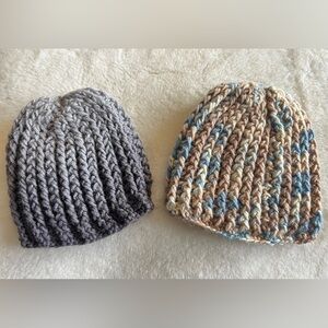 Handmade Crochet Baby Toddler Beanie Hat Set of 2 –Gray & Blue Brown Knit Winter
